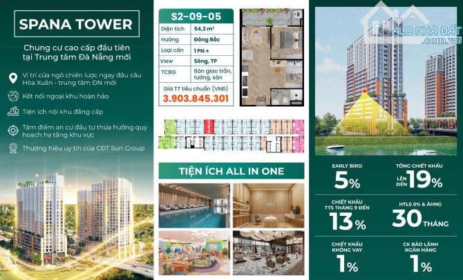 Bán căn hộ 1PN+ Spana Tower Đà Nẵng - View pháo hoa, sông & thành phố, chiết khấu 19%