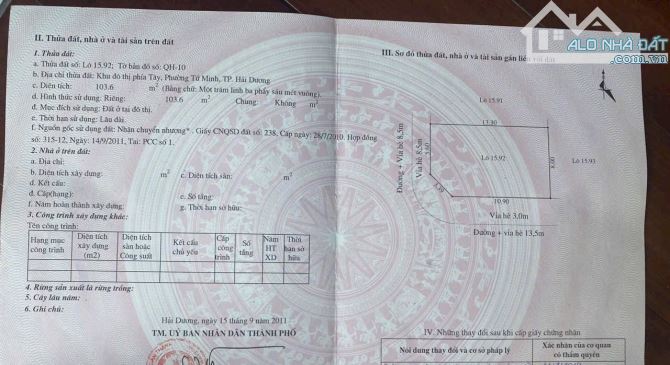 Bán lô đất góc mặt phố Lê Văn Hưu, ph Tứ Minh, TP HD nay là TP HP, 103.27m2, vị trí đẹp - 2