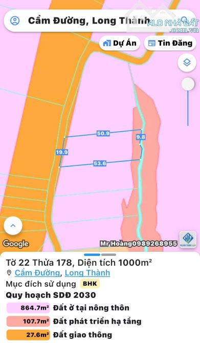 Bán đất mặt tiền đường Cây Sung – xã Cẩm Đường DT 1000 M2, giá 3 tỷ 950 tr