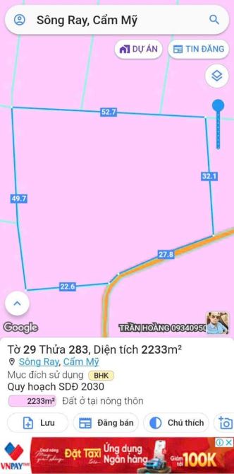 BÁN 2222M2 O SÔNG RÂY CẨM MỸ ĐỒNG NAI, GIÁ 1.5 TỈ TRON SỔ, ĐẤT FULL HỒNG, ĐƯỜNG BÊ TÔNG