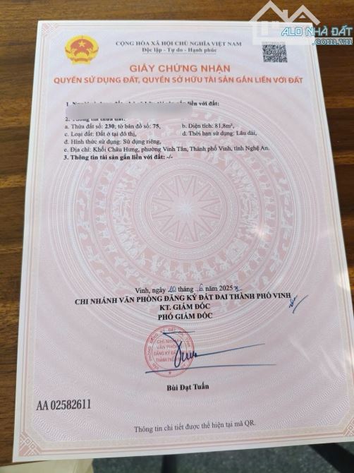 BÁN ĐẤT KHỐI CHÂU HƯNG – VINH TÂN PHƯỜNG TRƯỜNG VINH 81,8m2