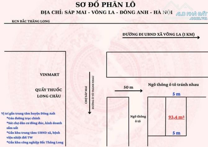 ‼️💥💥 SÁP MAI - VÕNG LA - NGÕ OTO - GẦN CỔNG C KCN THĂNG LONG - ĐÔNG ANH ‼️💥  🔸 Diện tí - 1