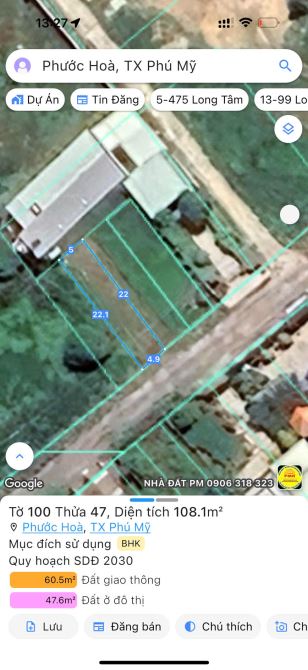 Mặt tiền Ảnh Thủ, Phước Hoà, Phú Mỹ- Bà Rịa 5x22 thổ cư 40 met - 1,6 tỷ - 2