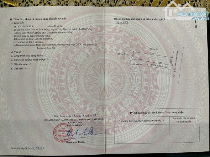 Bán lô đất 94m tại Thôn Đền, Lâm Động, Thủy Nguyên giá chỉ 3 tỷ 2xx