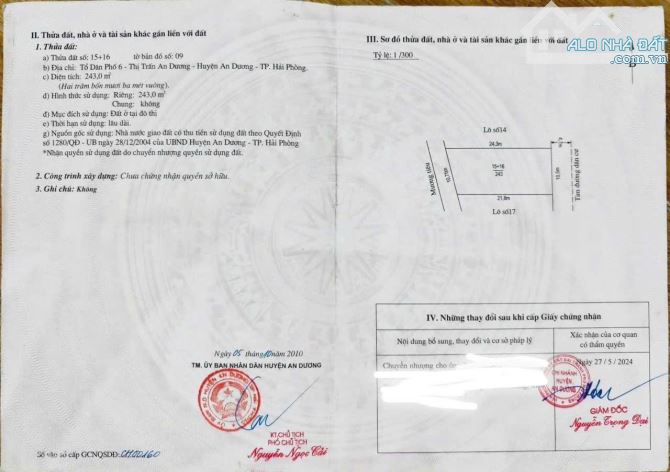 ✅✅ ĐẤT TRUNG TÂM THỊ TRẤN AN DƯƠNG – TP. HẢI PHÒNG Diện tích: 243 m²  – 7,5 tỷ thỏa thuận