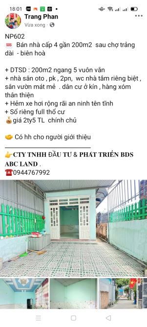 NP602 🆘  Bán nhà cấp 4 gần 200m2  sau chợ trảng dài  - biên hoà