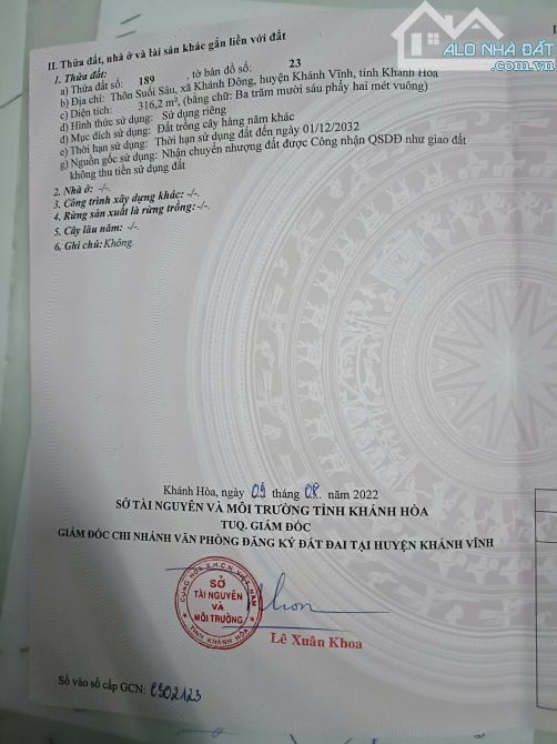 Bán Đất Vườn ( Quy Hoạch Thổ Cư ) Khánh Đông, Khánh Vĩnh, Khánh Hòa