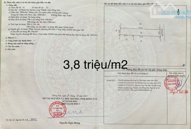 bán gấp 2,000m2 có sẳn 100m2 thổ cư, Long Thành, gần khu dân cư, vị trí đẹp