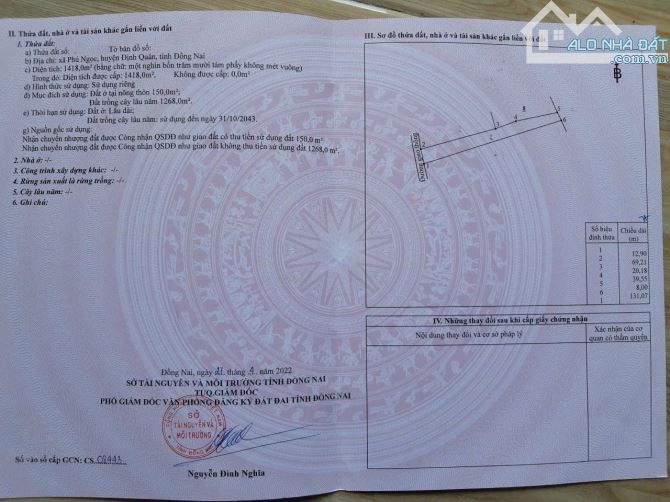 Lô biệt thự Xã Phú Ngọc, Định Quán, 1,4 tỷ, 1418 m2(12,9mx131m) có sẵn 150m2 thổ cư