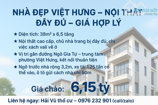 6,15 TỶ - 38m2 - 6,5 TẦNG - GẦN KĐT VIỆT HƯNG - CÁCH 1 NHÀ RA ĐƯỜNG Ô TÔ - BÃI XE CÁCH 50M