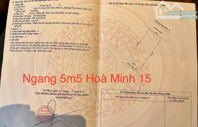 Lô đất mặt tiền đường 5m5 Hoà Minh 15. S= 75m2 ( ngang 5.5m) xây nhà đẹp. Giá: 4.9xx tỷ