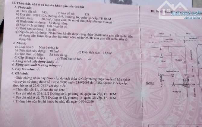 Bán gấp lô đất hẻm xe hơi 208/11 Đường số 9, P. 16, Gò Vấp - 1