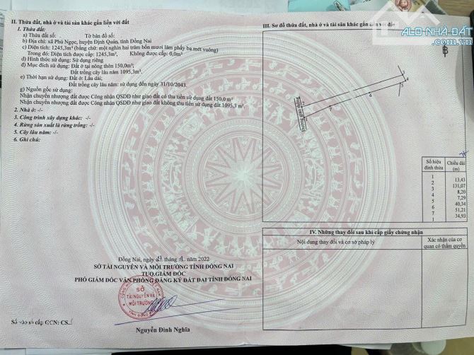 BÁN LÔ BIỆT THỰ 1245m2(13,4mx131m) CÓ SẴN 150M2 THỔ CƯ CÁCH QUỐC LỘ 20 300M CHỈ 1TY2 - 1