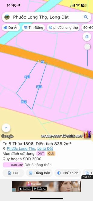 PHƯỚC LONG THỌ ĐẤT ĐÓ BRVT DT : 475m2 ( 10 x 47m ) 80m tc _ giá 1 tỷ 350tr tl DT. : 838m2 - 2