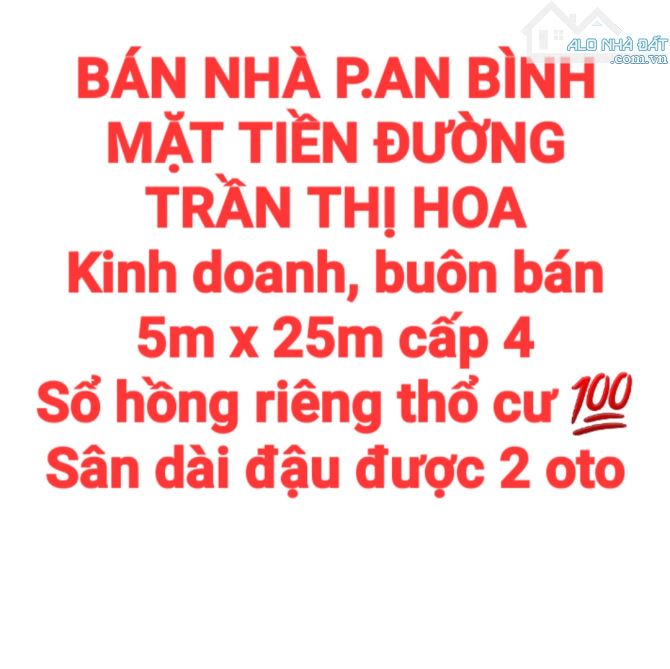 BÁN NHÀ AN BÌNH, MẶT TIỀN ĐƯỜNG TRẦN THỊ HOA, KINH DOANH BUÔN BÁN, SỔ HỒNG THỔ CƯ (NP675)