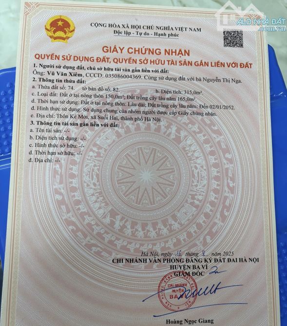 Tôi cần bán mảnh đất 315m2 tại thôn Ké Mới xã Suối Hai không qua trung gian