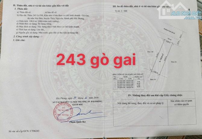 Bán lô đất số 243 Gò Gai – Núi Đèo, Thủy Nguyên, Hải Phòng