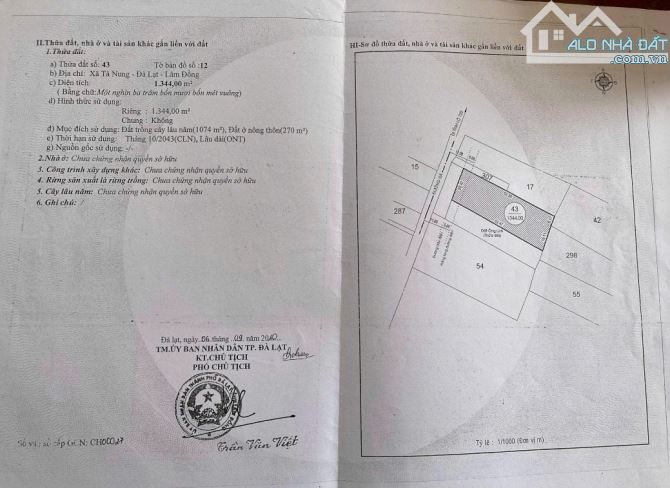 Cần bán lô đất mặt tiền đường ngay UBND xã Tà Nung - Nay là phường Cam Ly - Đà Lạt.
