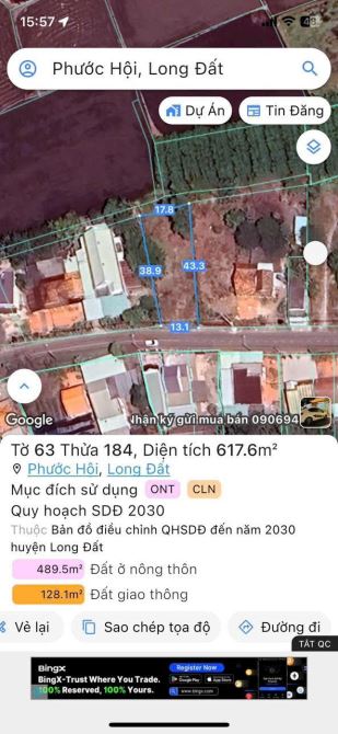 BÁN 617m2(14*43) NỞ HẬU ẶT TIỀN ĐƯỜNG PHƯỚC HỘI -LỘC AN XÃ ĐẤT ĐỎ. CÁCH BIỂN PHƯỚC HẢI 10p - 2