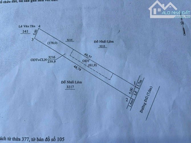 Đất Hiếm – P. Hiệp An  5 x 49m = 239,9m²   Thổ cư: 61,9m² - 3