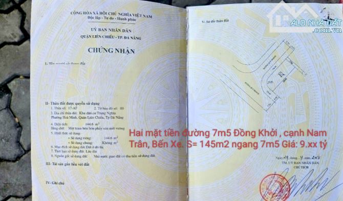 Hai mặt tiền đường 7m5 Đồng Khởi , cạnh Nam Trân, Bến Xe. S= 145m2 ngang 7m5 Giá: 9.8tỷ