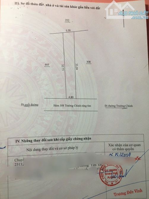 ĐẤT HẺM 308 TRƯỜNG CHINH 4,8*32m GẦN CHỢ NỎ TRANG LONG