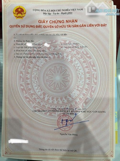 Hàng hiêm đất Long Hưng, Văn Giang, Hưng Yên. Lô góc 2 mặt thoáng. DT =60m2, MT=hậu=5m. - 1