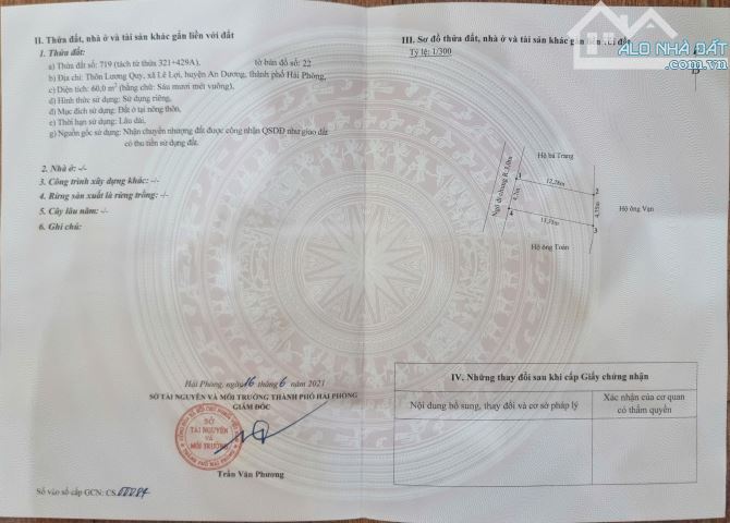 HẠ GIÁ HƠN 100TR LÔ ĐẤT 60M2 NGANG 4,7M TẠI LƯƠNG QUI, AN DƯƠNG, HP.