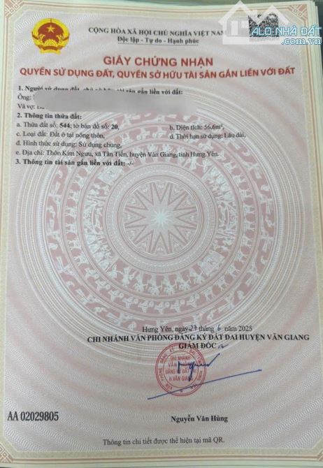 Lô góc 56,6m2 đất ở Kim Ngưu - Văn Giang , tiếp giáp trường Bách khoa cơ sở 2, đường trục - 1