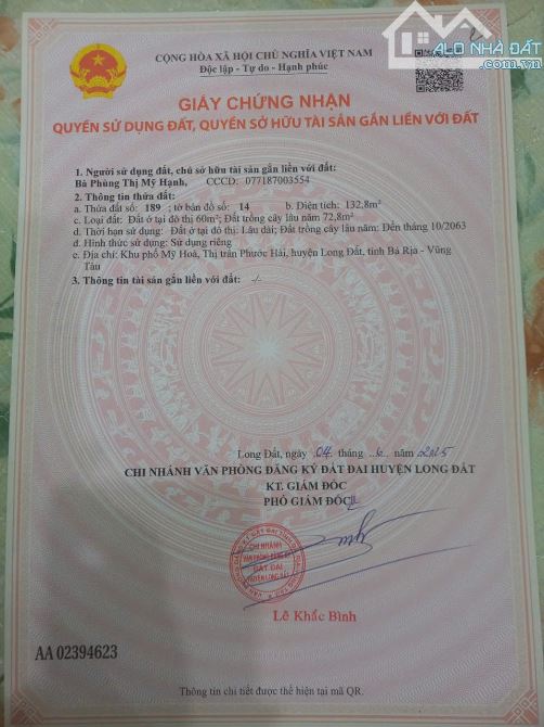 BÁN ĐẤT THỊ TRẤN PHƯỚC HẢI - TP HCM.DT 133m2(5×27) SÁT ĐT 996C GIÁ 1TY1 - 1