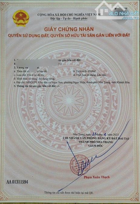 Bán đất gần đường Ngô Đến - P. Tây Nha Trang - đường 10m - sổ hồng - 2