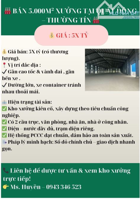 🏭 BÁN 5.000m² XƯỞNG TẠI QUẤT ĐỘNG – THƯỜNG TÍN 🏭