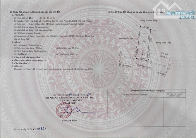 Chào bán lô đất mặt đường 203 xã Hoa Động  - Diện tích: 115m mặt tiền hơn 6m nở hậu
