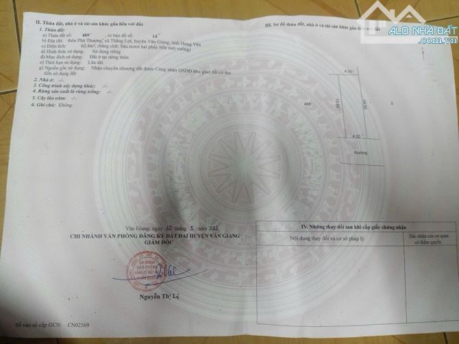 Ra hàng 2 ô 62,4m đất ở Thắng Lợi cũ - nay là xã Mễ Sở - tỉnh Hưng Yên Cách 200m ra khu đô - 1