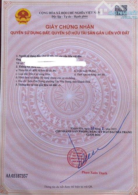 Bán lô đất 2 mặt tiền Vĩnh Thạnh gần chợ Ga. DT 98,6mv - 5