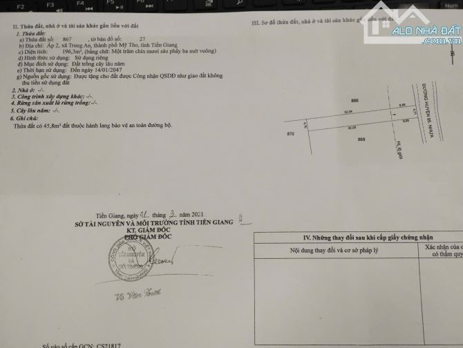 Bán 196.3 m2 đất Trung An, mặt tiền đường huyện 95, giá chỉ 2.65 tỷ