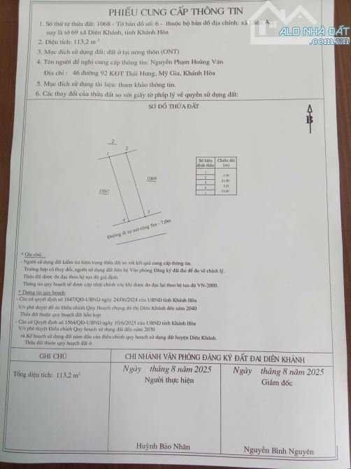 Bán đất Hẻm Quốc Lộ 1A Thôn Võ Kiện - Diên An Diên Khánh Khánh Hoà
