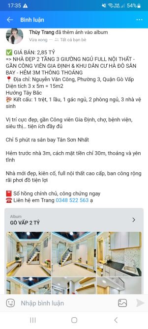 Nhà 3 tầng 3 giường ngủ 3wc hẻm thông 3m ở đường Nguyễn Văn Công Phường 3 Gò Vấp 2, 85 tỷ