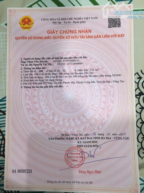BÁN ĐẤT XÃ PHƯỚC HẢI _ GẦN BIỂN . VỊ TRÍ THOÁNG MÁT  Cách TL44B 150m  Đi về TP Bà Rịa 8km - 3