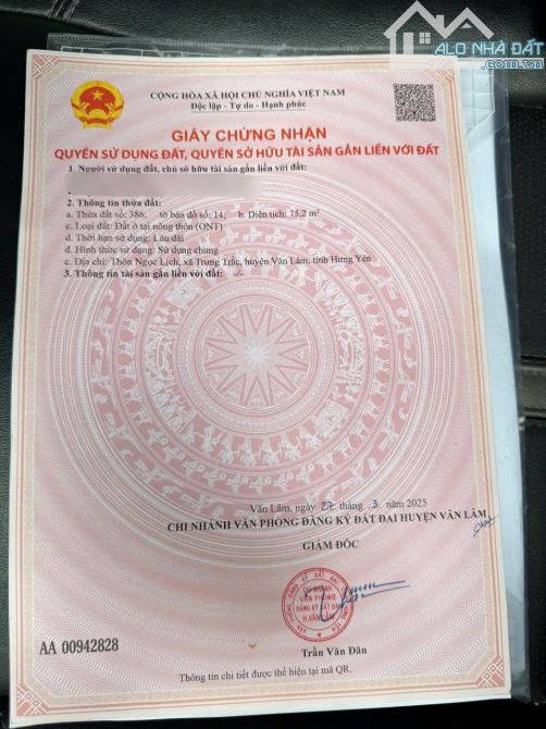 Hàng mới 75,2m tại Ngọc Lịch - Văn Lâm đường thông ô tô tránh gần mốc đường Vành Đai 3.5 - 4