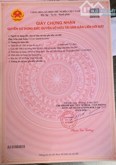 Bán đất thổ cư,TDP 5, Thị trấn Mđrăk, cách QL26 40m.diện tích (10x22.3)m2, hướng đông nam.