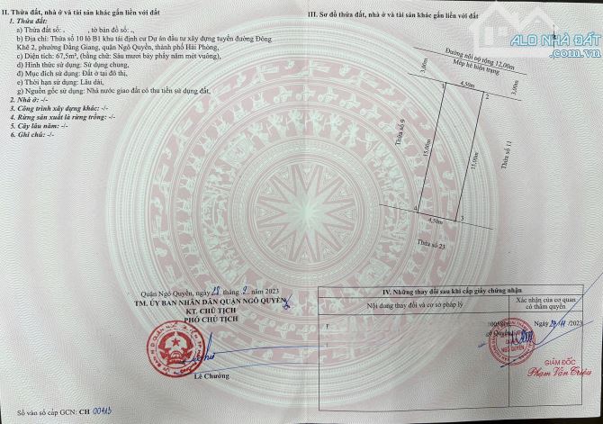 Cần chuyển nhượng lô đất TĐC CÂY ĐA - đằng giang - ngô quyền -hp . Diện tích 67.5m
