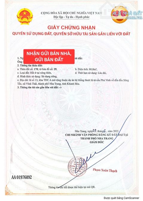 ĐẤT ĐẸP VIEW SÔNG, TĐC THUỶ TÚ, VĨNH THÁI, NHA TRANG, KHÁNH HOÀ.  - Diện tích: 80m2