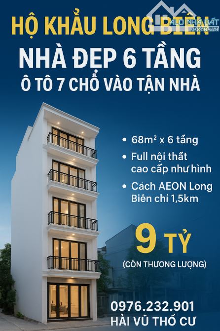 HỘ KHẨU PHƯỜNG LONG BIÊN - 68M2 - 6 TẦNG - FULL NỘI THẤT - THANG MÁY - 7 CHỖ ĐỖ CỬA NHÀ