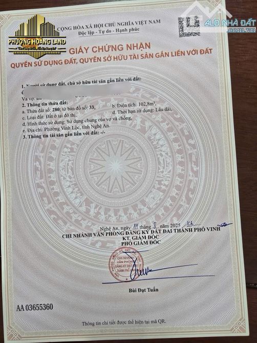 BÁN ĐẤT NGÕ ĐƯỜNG TÂN HÙNG HƯNG LỘC PHƯỜNG VINH LỘC 98,3m2-102,8m2 ĐÔNG NAM - 1