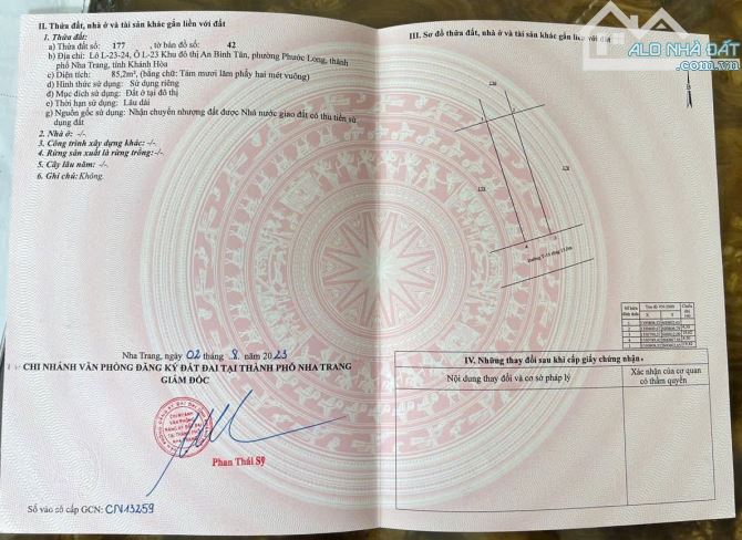 KĐT AN BÌNH TÂN, LÔ ĐẤT ĐẸP, 85,2M2 “CÓ SỔ CÁ NHÂN”Nha Trang. GIÁ 5,3 TỶ. CN3.9 - 4