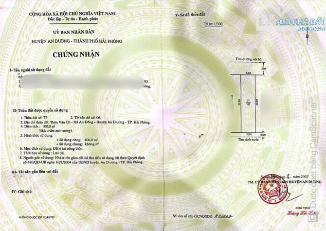 100M2 NGANG 5M ĐẤT TẠI VĂN CÚ, AN ĐỒNG, AN DƯƠNG - ĐƯỜNG TRƯỚC ĐẤT 7M.