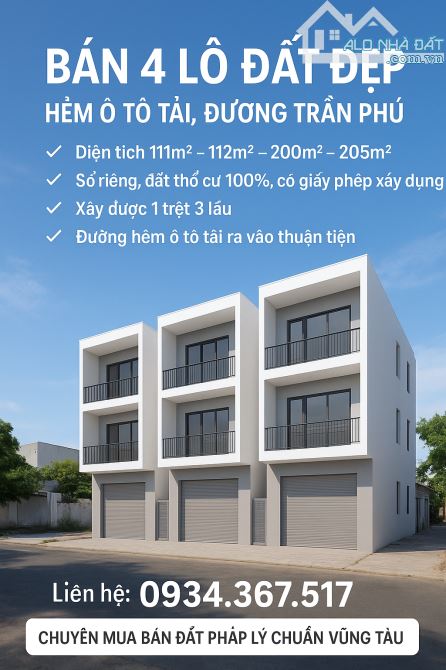 BÁN 4 LÔ ĐẤT ĐẸP HẺM Ô TÔ TẢI, ĐƯỜNG TRẦN PHÚ, VŨNG TÀU
