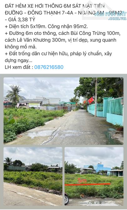 BÁN ĐẤT HẺM THÔNG 6M – SÁT MẶT TIỀN ĐƯỜNG ĐÔNG THẠNH , HÓC MÔN-95M2-GIÁ 3,38TY