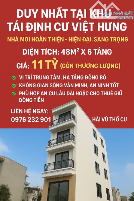 DUY NHẤT 1 CĂN KHU TÁI ĐỊNH CƯ VIỆT HƯNG - PHÂN LÔ VỈA HÈ - Ô TÔ TRÁNH - 6 TẦNG HIỆN ĐẠI